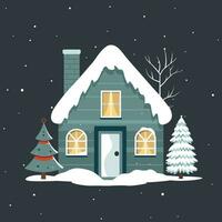 fe- scandi vinter- hus. jul scandinavian Hem och snöig träd. jul kort med söt hus vektor