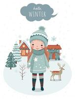 Hand gezeichnet Winter Poster mit Mädchen, schneebedeckt Bäume, Haus. Wnter Weihnachten Karte zum Veranstaltung Einladung, Gutschein, Sozial Medien. winterlich Szenen. vektor