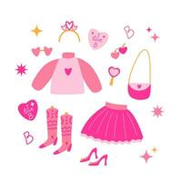 rosa dockor uppsättning Tillbehör och Kläder. bebis flicka, prinsessa. söt rosa ikoner samling - skor, klänning, väska, spegel. vektor vektor illustration.