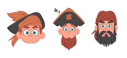 uppsättning av olika ansikten av pirater och rånare. tecknad serie stil vektor