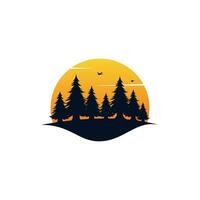 Kiefer Baum Logo mit Sonnenuntergang Vektor Emblem Illustration Design