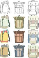 Hand gezeichnet bunt Vektor einstellen von Rucksäcke. Karikatur beiläufig Rucksack, cool Rucksack bunt. Rucksäcke Vektor Illustration.