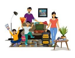Vektor Illustration von glücklich Familie gehen zu Reise. Eltern und ihr Kinder Verpackung Koffer.