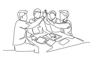 Single kontinuierlich Linie Zeichnung von jung Geschäftsleute und Geschäftsfrau feiern ihr aufeinanderfolgend Tor beim das Geschäft Treffen mit hoch fünf Geste. einer Linie zeichnen Grafik Design Vektor Illustration