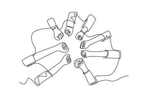 Single einer Linie Zeichnung Gruppe von jung Geschäft Menschen Vereinen ihr Hände zusammen zu bilden ein Kreis gestalten wie ein Einheit Symbol. Zusammenarbeit Konzept. modern kontinuierlich Linie Design Grafik Vektor Illustration