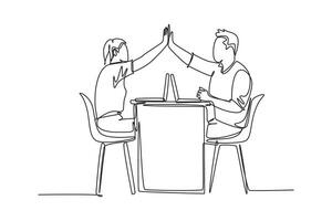 Single kontinuierlich Linie Zeichnung zwei jung glücklich Paar Mann und Frau Arbeit beim Cafe und geben hoch fünf Geste zu feiern erfolgreich. Geschäft austeilen. einer Linie zeichnen Grafik Design Vektor Illustration