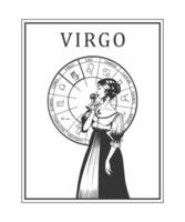 Illustration von einfarbig Karte mit astrologisch Zeichen und romantisch Schönheit Frau. Tierkreis Symbol Kunst. vektor