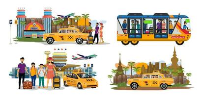 Sammlung von eben Abbildungen von Ausflug auf ein Taxi und Bus pendeln, posieren in der Nähe von Flughafen. vektor