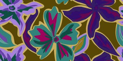 en mönster med lila och grön blommor på en brun bakgrund vektor