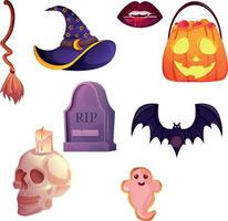 glücklich Halloween einstellen von Elemente. Hexe Besen und Hut, Vampir Lippen, Kürbis, Grabstein, Schädel mit Kerze, Geist Lebkuchen, Schläger. Vektor Karikatur Illustration Satz. Halloween Symbole zum Banner, Karten