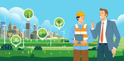 Geschäftsleute und Auftragnehmer diskutieren das Entwicklung von ökologisch freundlich Nachhaltige Energie Alternativen zum modern Städte mit Grün Energie Symbol vektor