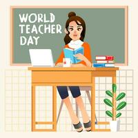 Welt Lehrer Tag Poster veranschaulichen durch Lehrer sitzen auf Stuhl, Laptop auf Schreibtisch und Balckboard hinter ihr Vektor Illustration