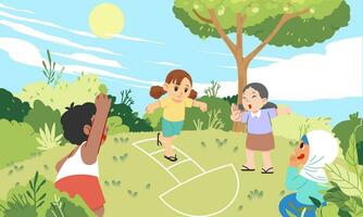 Lycklig entusiastisk pojke och flicka barn spelar hoppa hage i en grön och solig kulle fält vektor