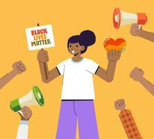 svart liv materia kampanj affisch baner med händer upp och kvinna Stöd svart människor till få likvärdig rättigheter, mänsklig enhet av annorlunda lopp, sluta rasism vektor