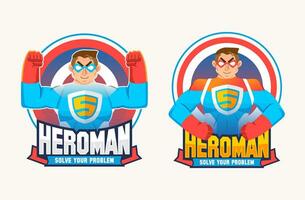 uppsättning av två hjälte logotyp maskot, heroman bär hjälte kostym och mask med två annorlunda utgör och typografi vektor