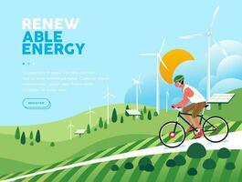 ord miljö dag. man ridning en cykel över grön kullar med energi fält hållbar förnybar energi, sol- panel, vind turbin vektor
