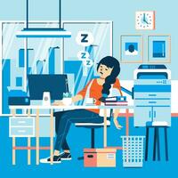 ein Frau Arbeiter verschlafen im das Büro weil sie war müde von Arbeiten im Laufe der Zeit Vektor Illustration