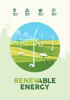 Grün Hügel Natur Landschaft, Umfeld, Feld, Ökologie, Wiesen, verlängerbar Alternative Energie, Wind Turbine Poster Banner Konzept vektor