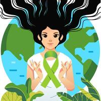 värld mental hälsa dag affisch illustrerade med kvinnor och grön band, blad och värld klot som bakgrund vektor