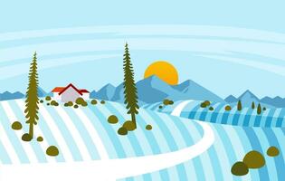 vinter- landskap illustration i förorts område, med hus och berg vektor illustration