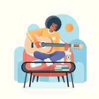 ein jung schwarz afro Musiker spielen seine Gitarre und Singen, Sitzung auf das Couch und Schreibtisch mit Kaffee im Vorderseite von ihm Vektor Illustration