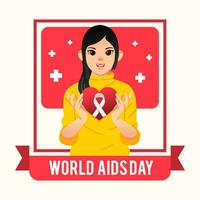 ung Söt flicka genom hjärta med AIDS logotyp i henne händer för värld AIDS dag kampanj affisch vektor