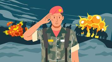 Soldat Heer Porträt geben Gruß mit Explosion Krieg Hintergrund und Silhouette von langer Marsch Soldat vektor