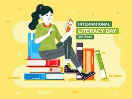 ung flicka läsning en bok på topp stack av böcker, illustration affisch för internationell kunnighet dag vektor illustration