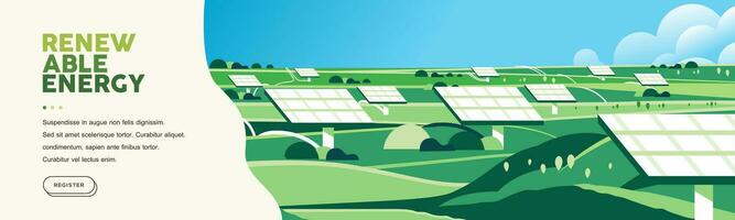 grön kullar natur landskap eco vänlig teknologi, förnybar alternativ energi, sol- panel, hållbar miljö baner vektor
