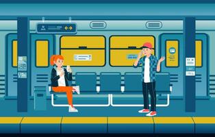 Menschen sind warten zum das Zug auf das U-Bahn Plattform während beschäftigt mit ihr Telefon Vektor Illustration