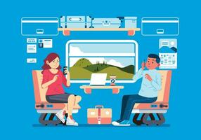 passagerare tåg interiör med man och kvinnor passagerare upptagen med deras telefon, beaitufil landskap utanför de fönster vektor