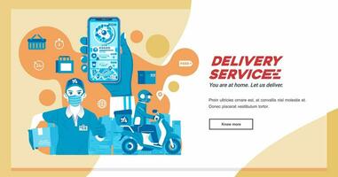 mat leverans service företag med man föra låda som maskot och kurir ridning motorcykel sändning paket till kund, telefon app för beställning vektor