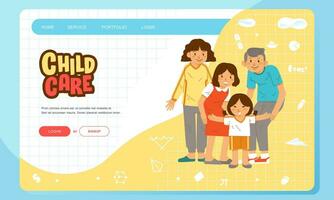 landning sida webb eller app design för dagis skola. med illustrationer av barn, mammor, fäder och kvinna lärare vektor