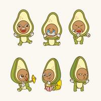 Sammlung Charakter von süß Avocado mit anders Geste und Gesichts- Ausdruck Vektor Illustration
