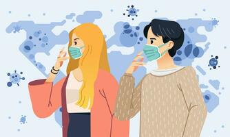 Illustration von Mann und Frauen tragen Maske wie ein Bewusstsein von Verbreitung Corona Virus Über das Welt vektor