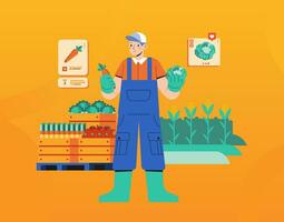 modern Landwirtschaft und Landwirtschaft lächelnd männlich Farmer oder Gärtner im Uniform hält ergibt Gemüse Arbeit und Ernte vektor