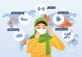 hijab kvinnor bär mask till undvika virus spridning och värld illustration som bakgrund vektor illustration