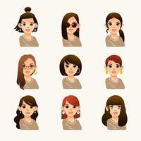 samling av ung kvinna med annorlunda modern hår stil, lång hår, kort hår, lockigt, salong frisyr och frisyr vektor illustration