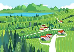 Landschaft im das Berge mit Häuser, See, Wald und riesig Grün Felder Vektor Illustration