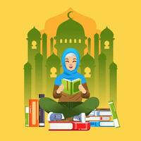 internationell kunnighet dag kampanj affisch med hijab flicka läsning bok och sitta på de stack av böcker och moské shilouette som bakgrund vektor illustration
