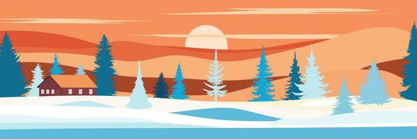 abstrakt vinter- landskap. vinter- se med tall träd, berg och hus. orange vinter- solnedgång. vektor illustration.