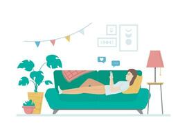 tecknad serie Färg karaktär person kvinna på soffa med smartphone begrepp. vektor