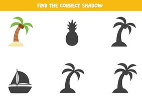hitta rätt skuggor av söta palmer. logiskt pussel för barn. vektor