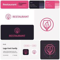 restaurang linje företag logotyp med varumärke namn. vinglas och ljus ikon. design element och visuell identitet. mall med krub font. lämplig för mat kedja, bar, restaurang, matställe. vektor