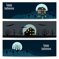 horizontal Banner einstellen mit einsam Haus auf das Hintergrund von das Mond und das Inschrift glücklich Halloween. Vektor Illustration