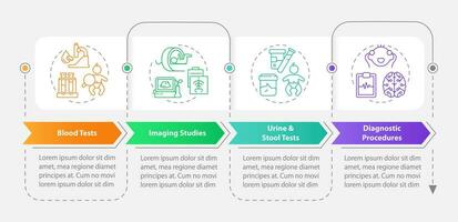 Diagnose Prüfung Rechteck Infografik Vorlage. pädiatrisch geduldig. Daten Visualisierung mit 4 Schritte. editierbar Zeitleiste die Info Diagramm. Arbeitsablauf Layout mit Linie Symbole vektor