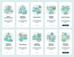 2d Symbole Darstellen Lobbying Regierung Handy, Mobiltelefon App Bildschirm Satz. Komplettlösung 5 Schritte bunt Grafik Anleitung mit dünn Linie Symbole Konzept, ui, ux, gui Vorlage. vektor