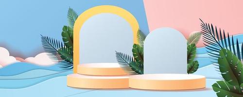 3d geometriska podium mockup blad tropiska netural koncept vektor