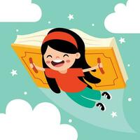 Karikatur Kind fliegend mit Buch vektor