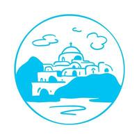 Santorini Insel, Griechenland. schön traditionell Weiß die Architektur und griechisch orthodox Kirchen mit Blau Kuppeln Über das ägäisch Meer Caldera. Logo, Emblem vektor